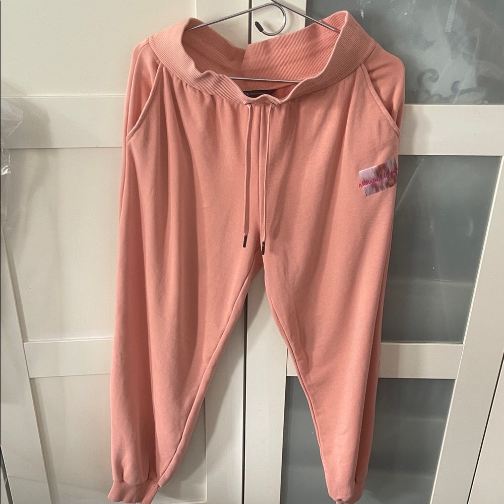 Armani Exchange Soft Peach Pullover with Pink Logo Patch